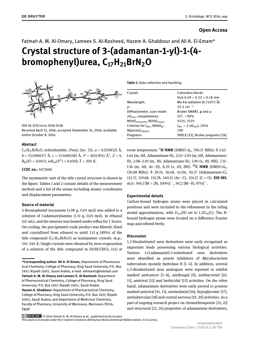Pdf Crystal Structure Of 3 Adamantan 1 Yl 1 4 Bromophenyl Urea C17h21brn2o