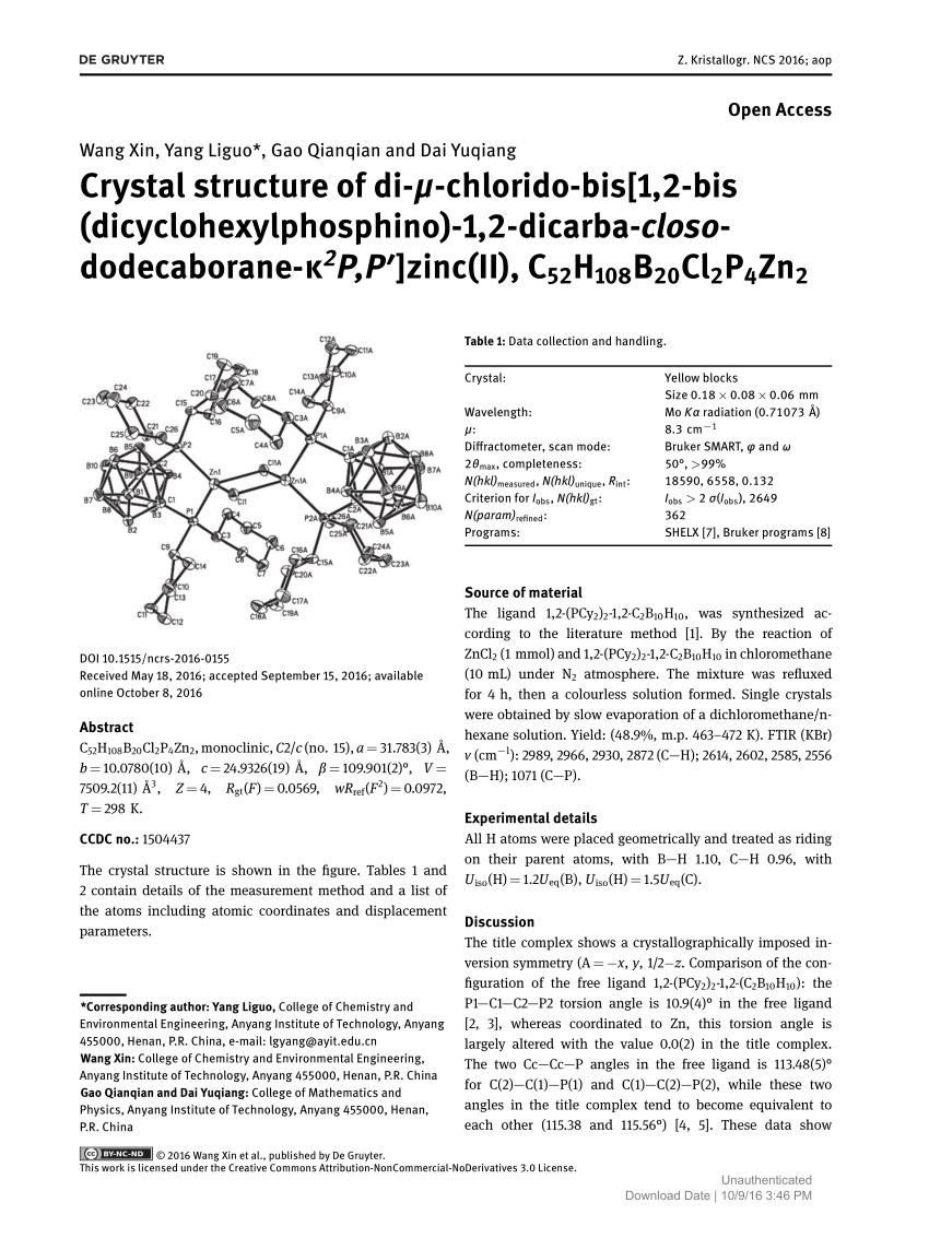 Pdf Crystal Structure Of Di M Chlorido Bis 1 2 Bis Dicyclohexylphosphino 1 2 Dicarba Closo Dodecaborane K2p P Zinc Ii C52h108bcl2p4zn2