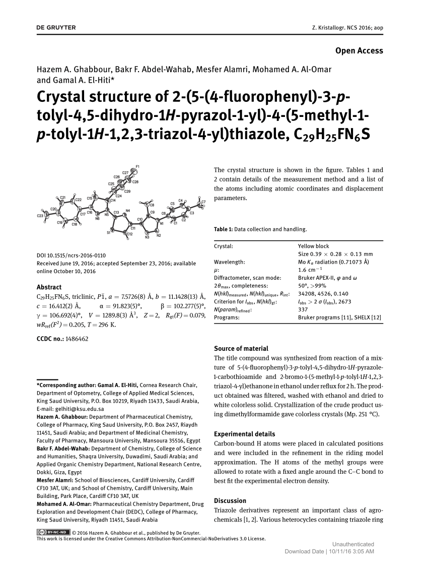 Pdf Crystal Structure Of 2 5 4 Fluorophenyl 3 P Tolyl 4 5 Dihydro 1h Pyrazol 1 Yl 4 5 Methyl 1 P Tolyl 1h 1 2 3 Triazol 4 Yl Thiazole C29h25fn6s