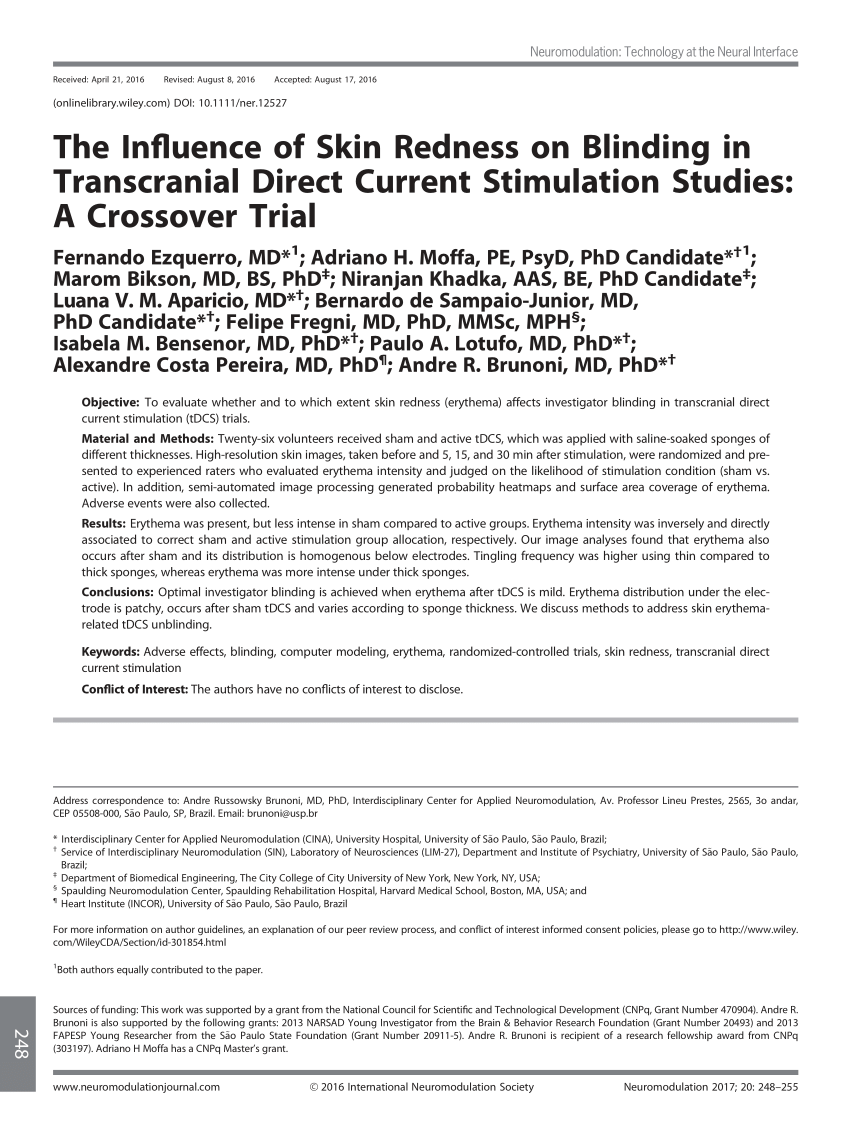 PDF) The Influence of Skin Redness on Blinding in Transcranial Direct  Current Stimulation Studies: A Crossover Trial Neuromodulation: Technology  at the Neural Interface