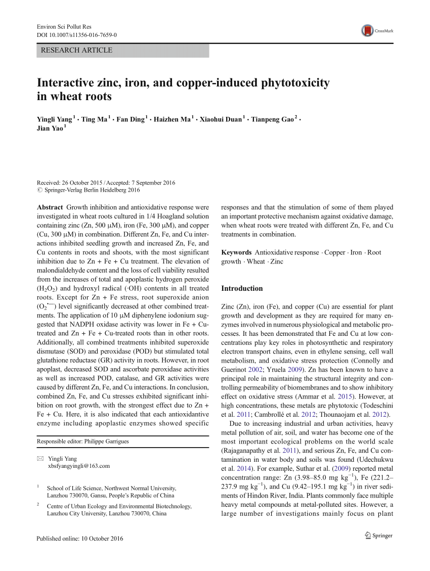 Pdf Interactive Zinc Iron And Copper Induced Phytotoxicity In Wheat Roots 0655