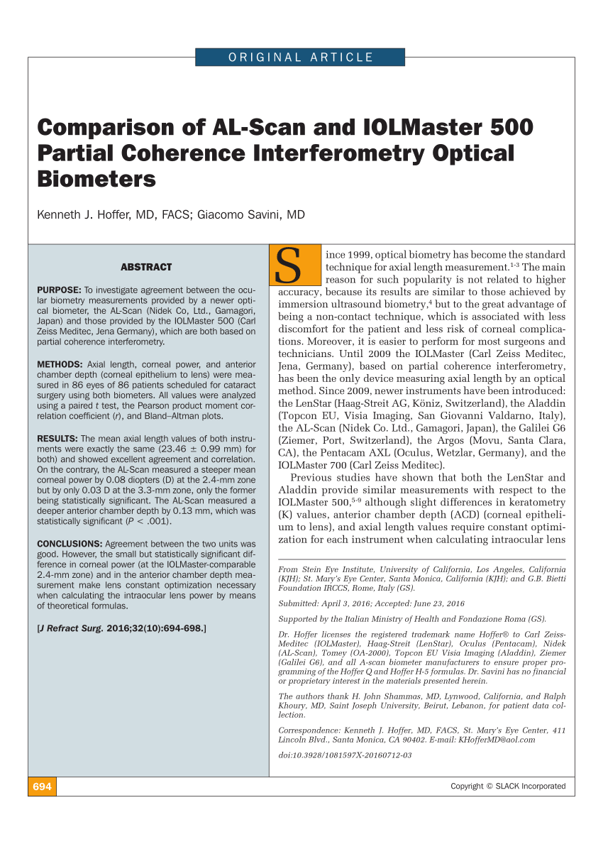 Pdf Comparison Of Al Scan And Iolmaster 500 Partial Coherence Interferometry Optical Biometers