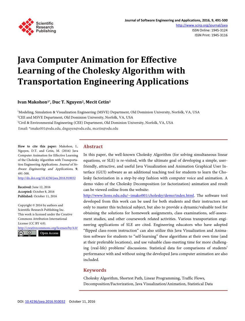 PDF) Java Computer Animation for Effective Learning of the Cholesky  Algorithm with Transportation Engineering Applications
