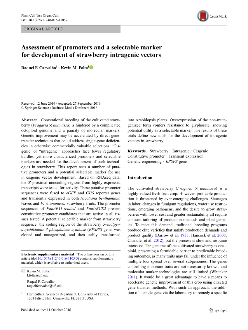 PDF) Assessment of promoters and a selectable marker for development of  strawberry intragenic vectors