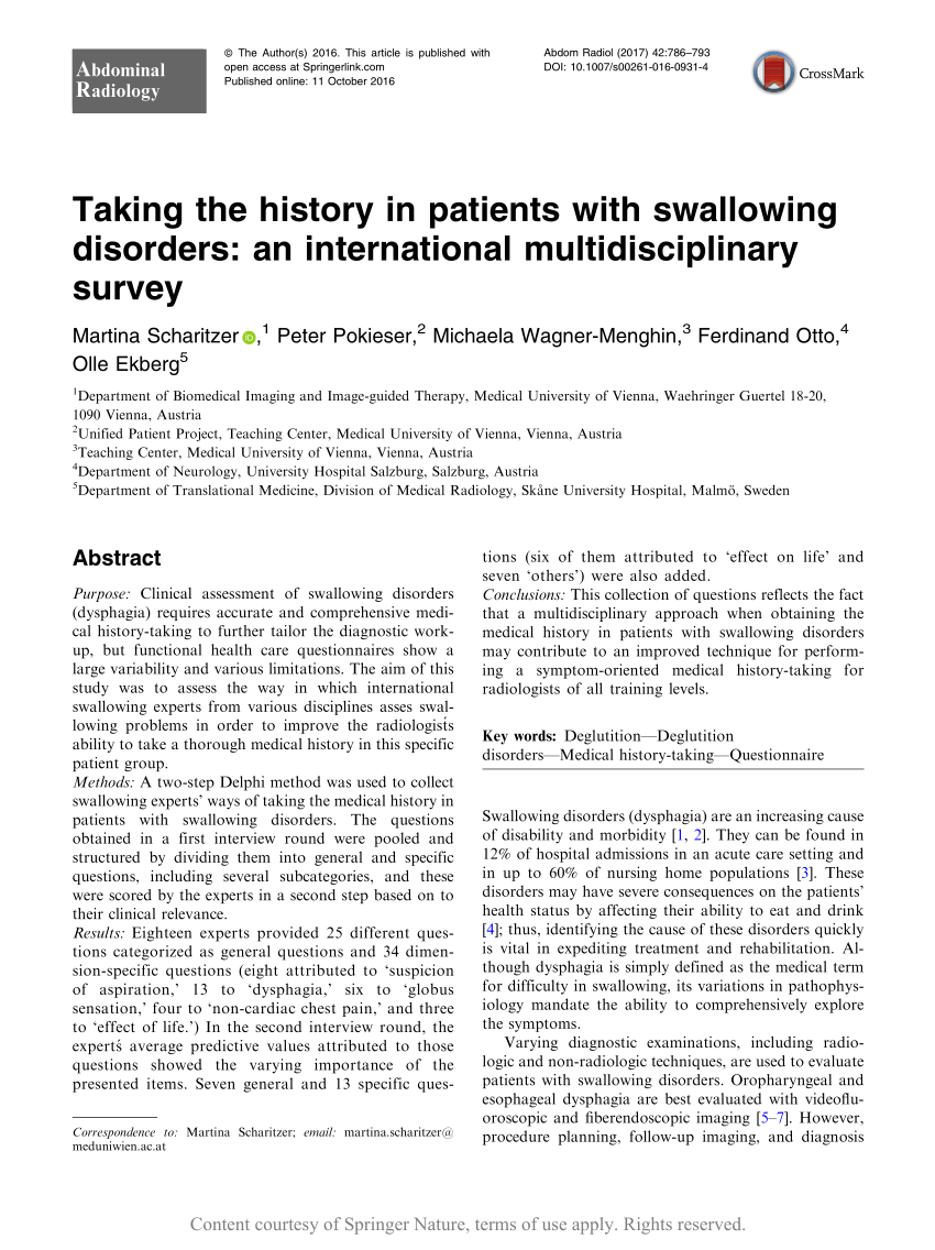 Pdf Taking The History In Patients With Swallowing Disorders An International Multidisciplinary Survey