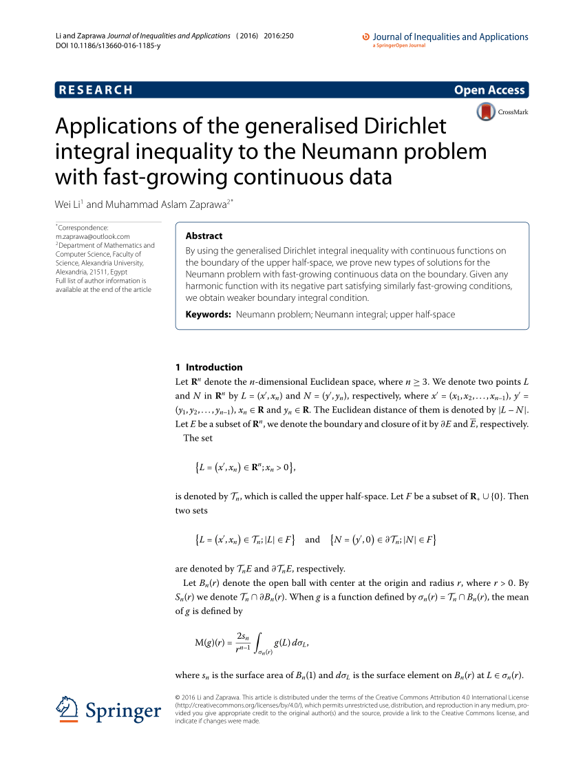 Pdf Applications Of The Generalised Dirichlet Integral Inequality To The Neumann Problem With Fast Growing Continuous Data