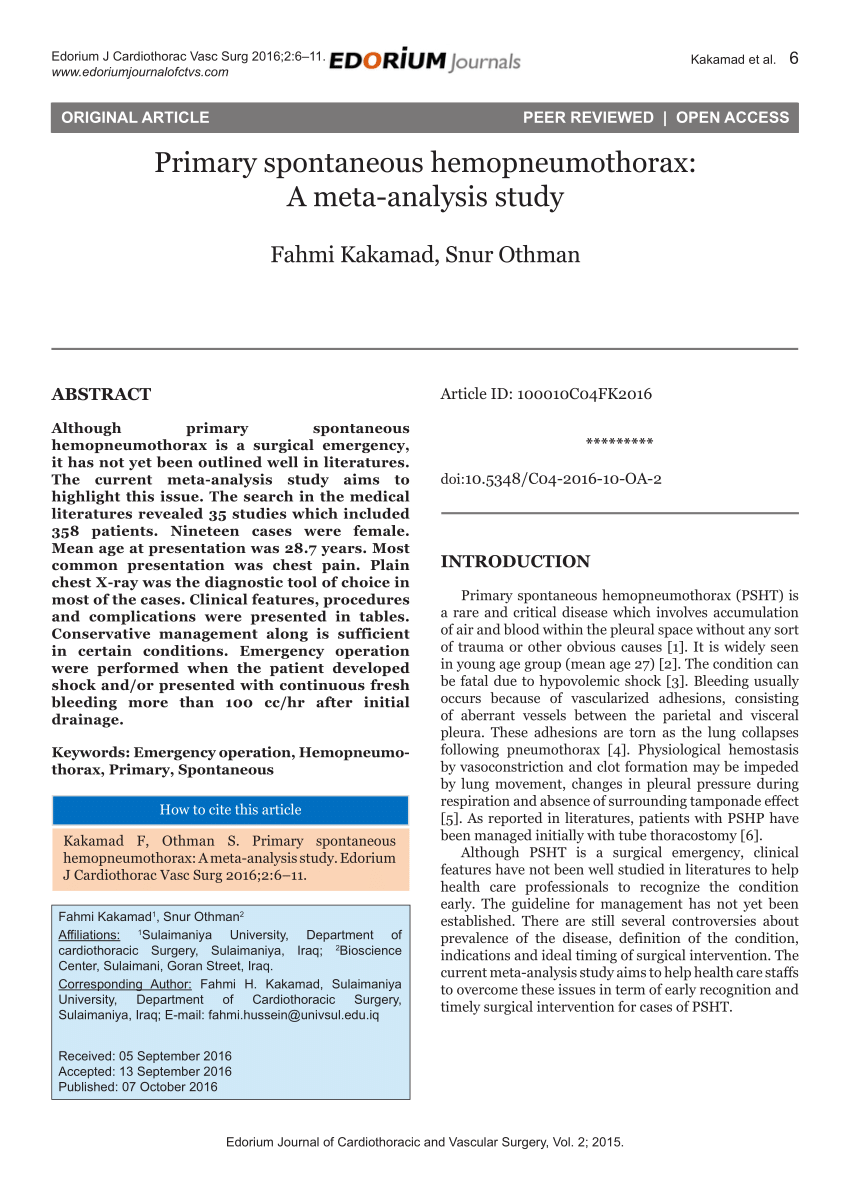 Pdf Primary Spontaneous Hemopneumothorax A Meta Analysis Study