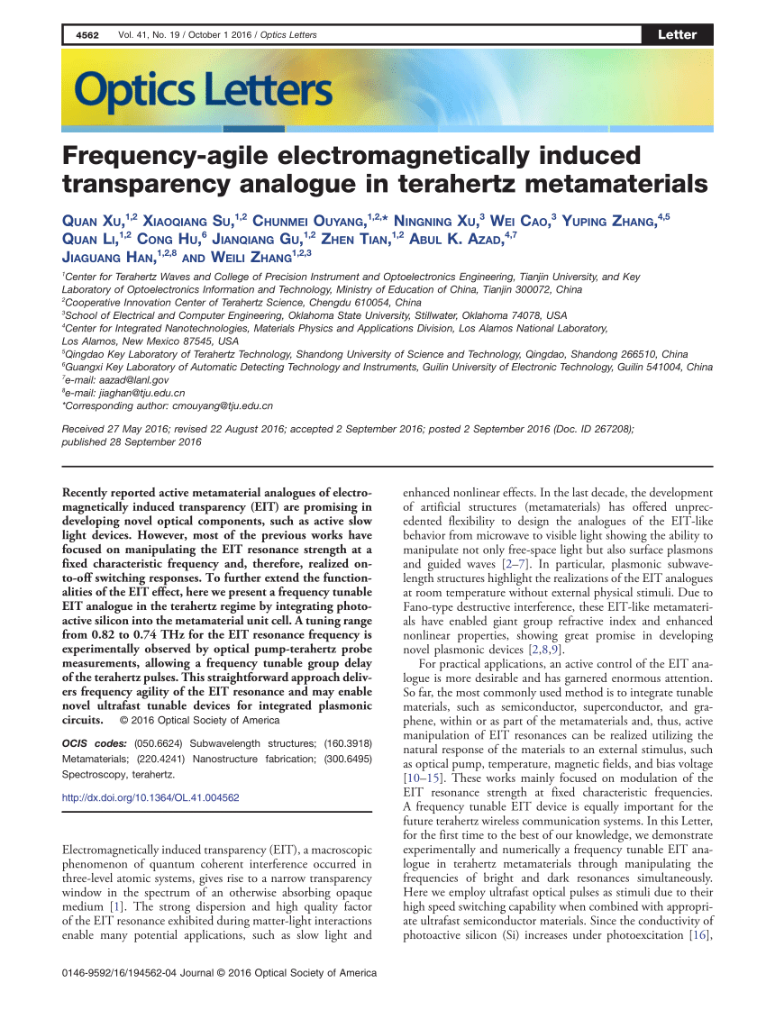 (PDF) Frequency-agile electromagnetically induced transparency analogue ...