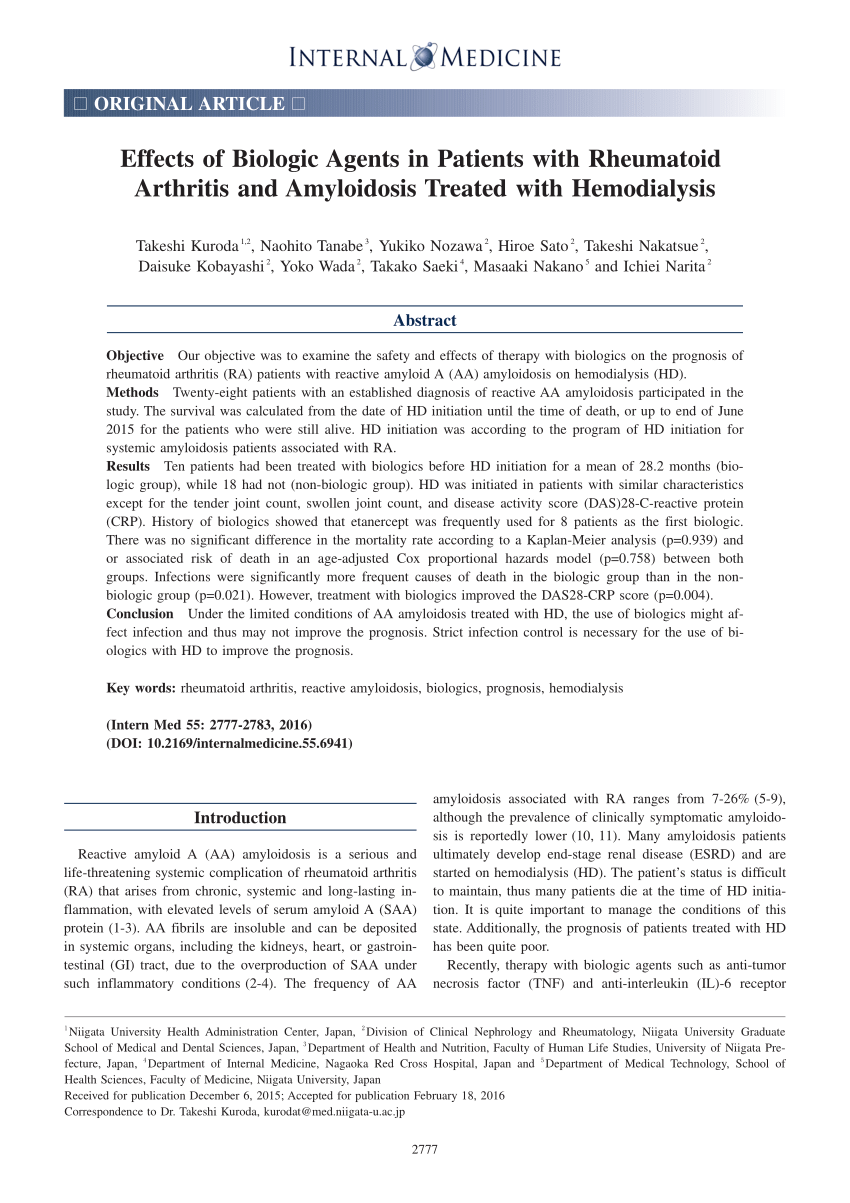 Pdf Effects Of Biologic Agents In Patients With Rheumatoid Arthritis And Amyloidosis Treated 8527