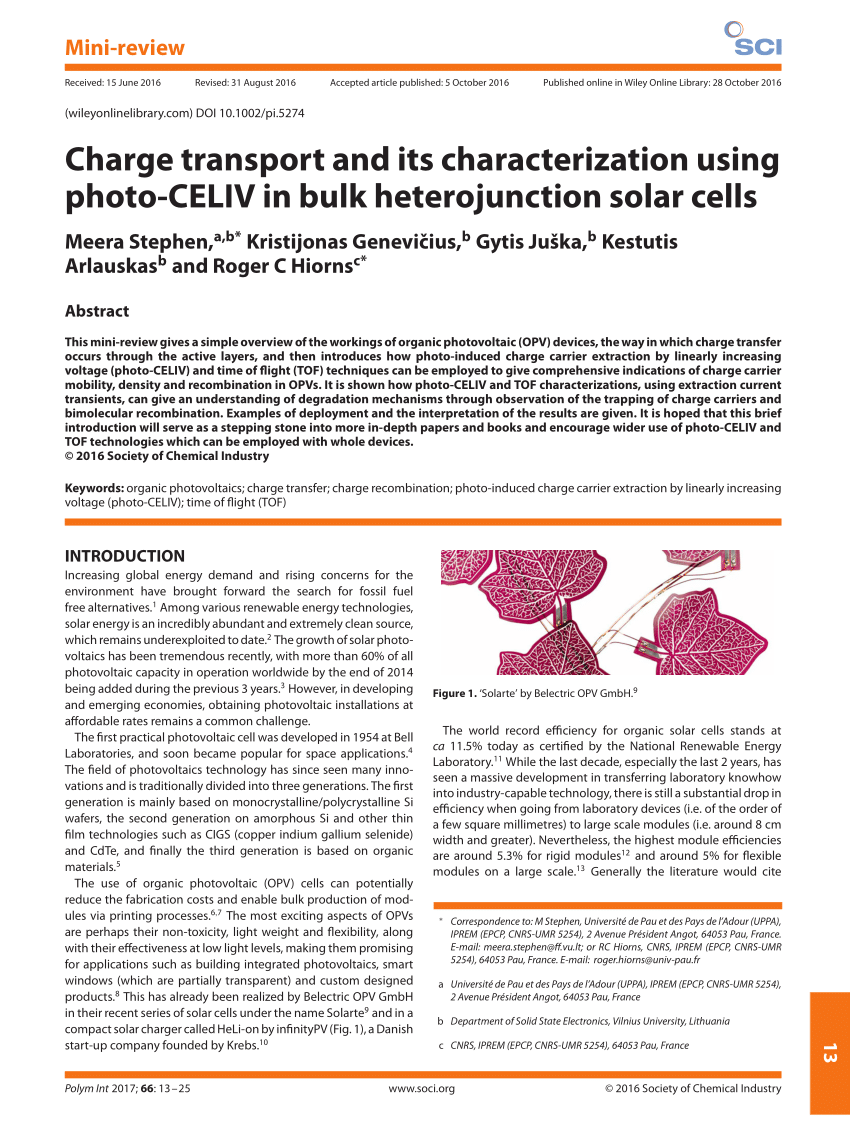 Pdf Mini Review Charge Transport And Its Characterisation Using Photo Celiv In Bulk Heterojunction Solar Cells