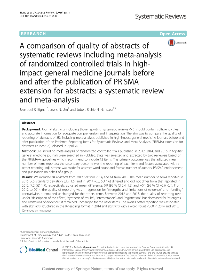 PDF) A comparison of quality of abstracts of systematic reviews including  meta-analysis of randomized controlled trials in high-impact general  medicine journals before and after the publication of PRISMA extension for  abstracts: A