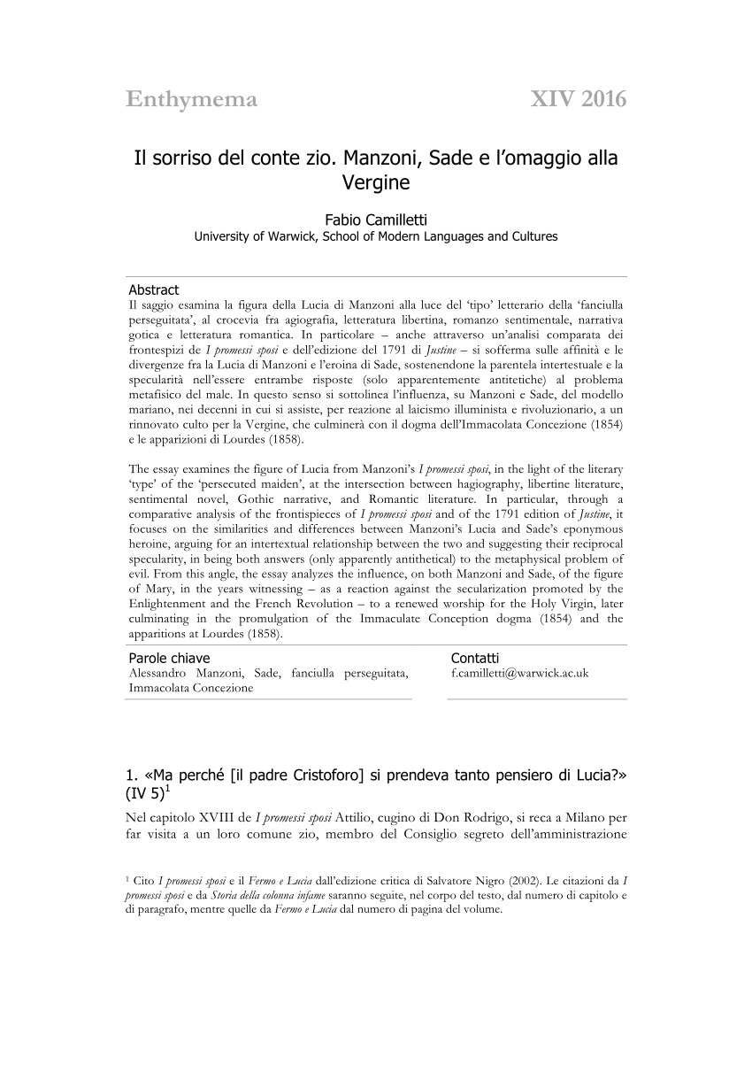 PDF) Il sorriso del conte zio. Manzoni, Sade e l'omaggio alla Vergine