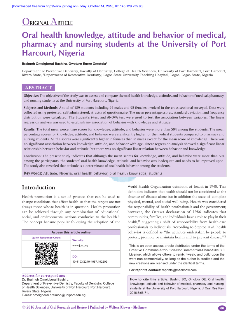 Pdf Oral Health Knowledge Attitude And Behavior Of Medical Pharmacy And Nursing Students At The University Of Port Harcourt Nigeria