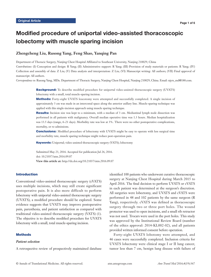 Pdf Modified Procedure Of Uniportal Video Assisted Thoracoscopic Lobectomy With Muscle Sparing Incision