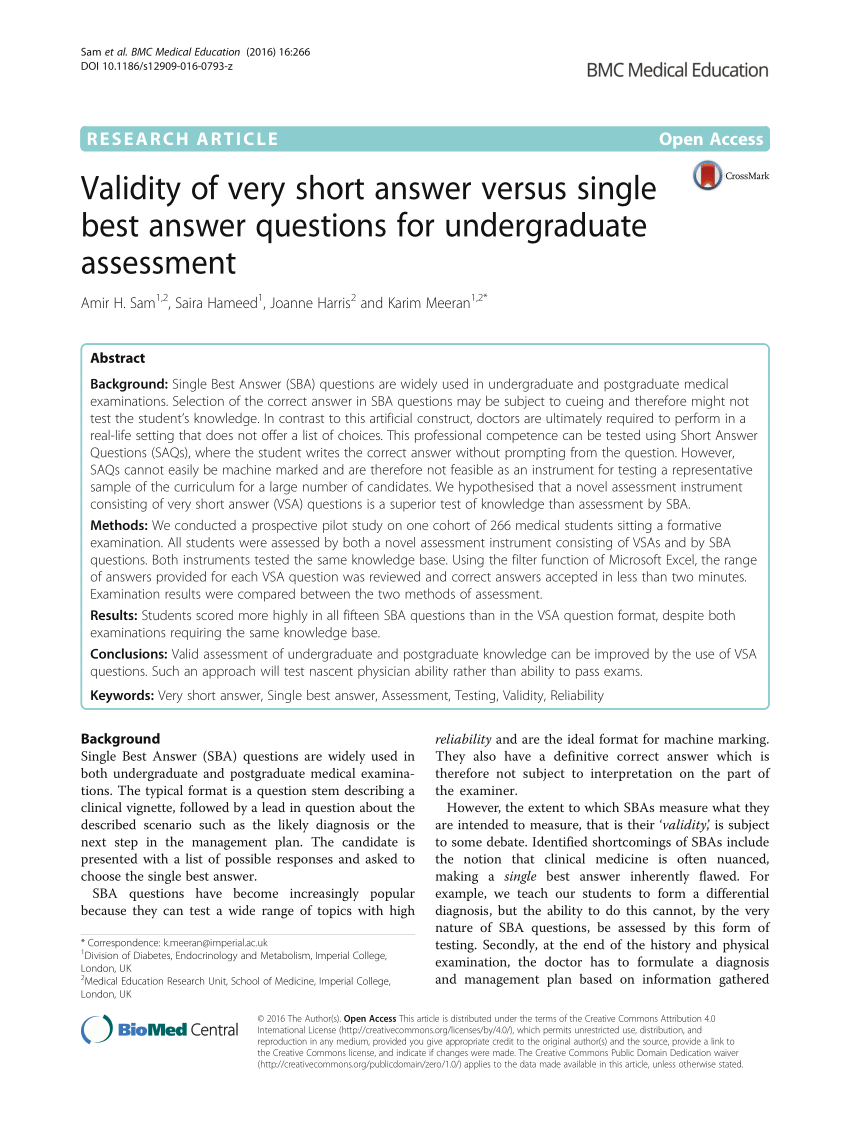 PDF) Validity of very short answer versus single best answer questions for  undergraduate assessment