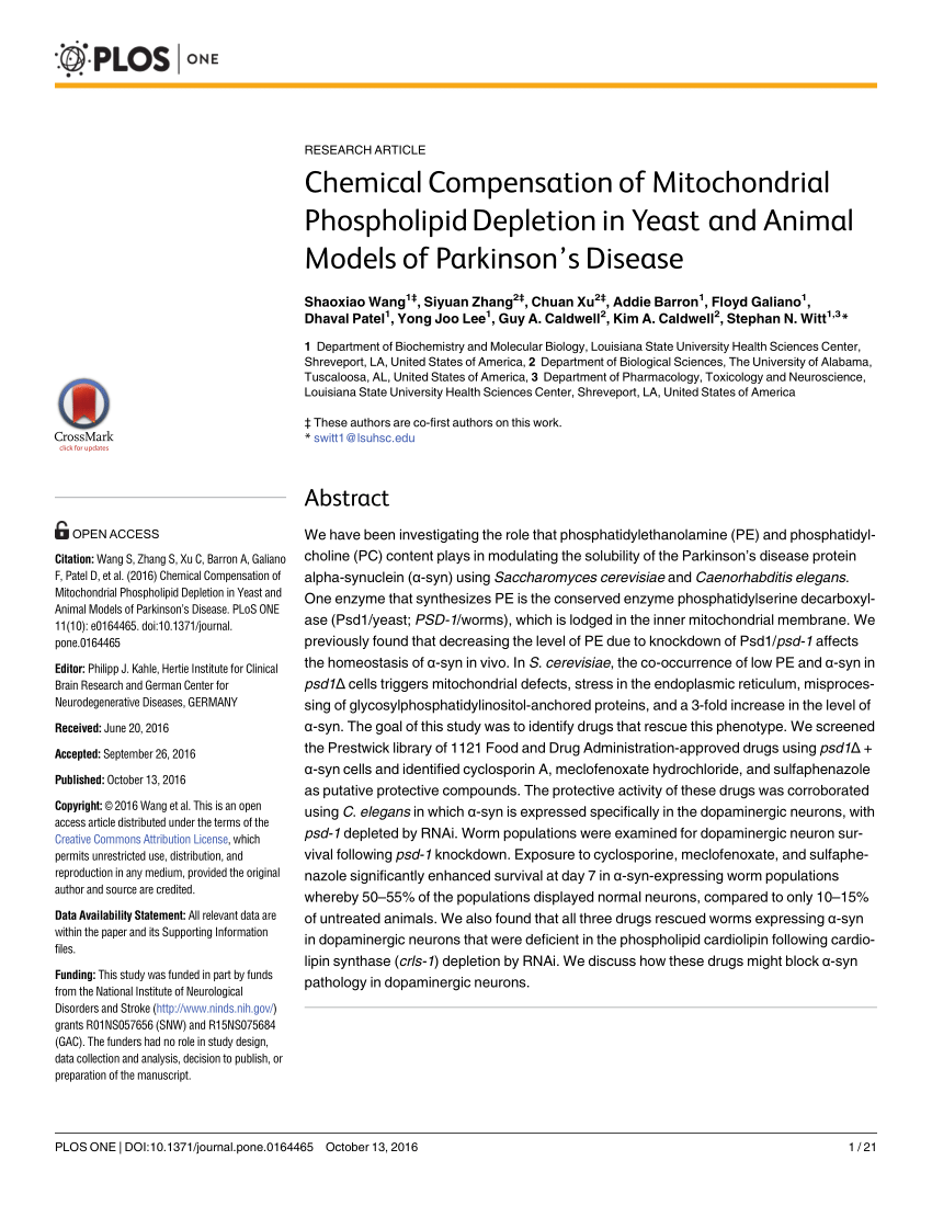 Pdf Chemical Compensation Of Mitochondrial Phospholipid Depletion In Yeast And Animal Models Of Parkinson S Disease
