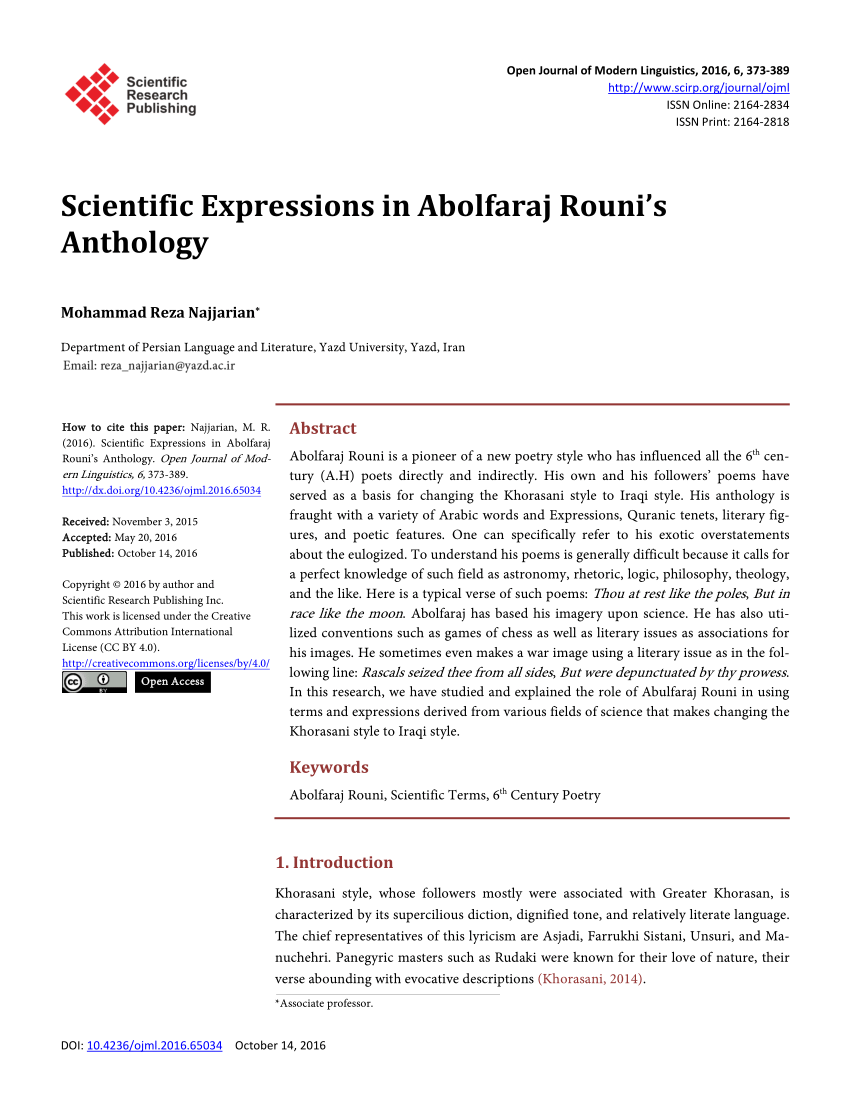 PDF Scientific Expressions in Abolfaraj Rouni s Anthology