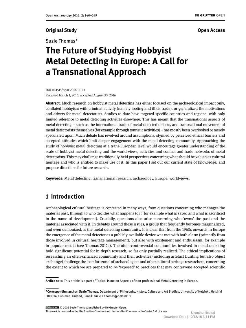 Pdf The Future Of Studying Hobbyist Metal Detecting In Europe A Call For A Transnational Approach