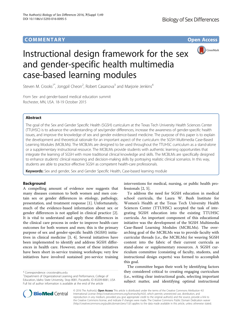 Pdf Instructional Design Framework For The Sex And Gender Specific