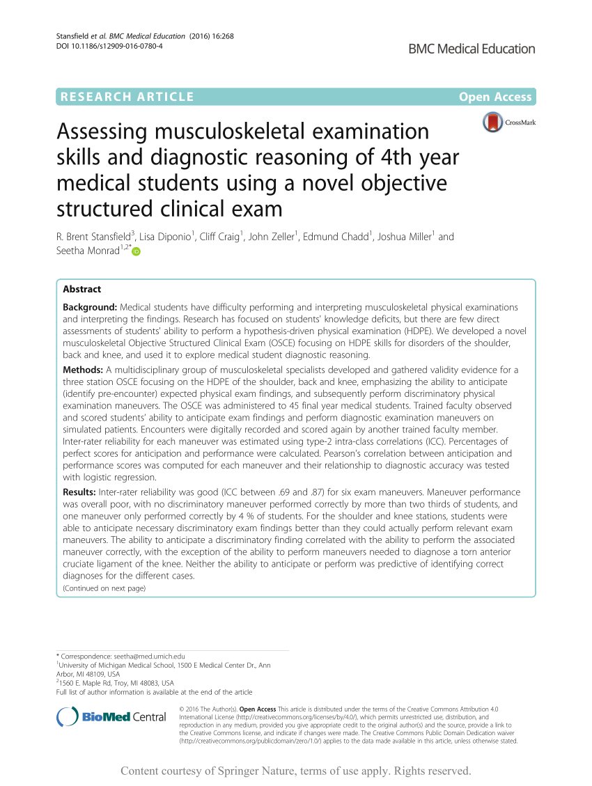 Pdf Assessing Musculoskeletal Examination Skills And Diagnostic Reasoning Of 4th Year Medical Students Using A Novel Objective Structured Clinical Exam