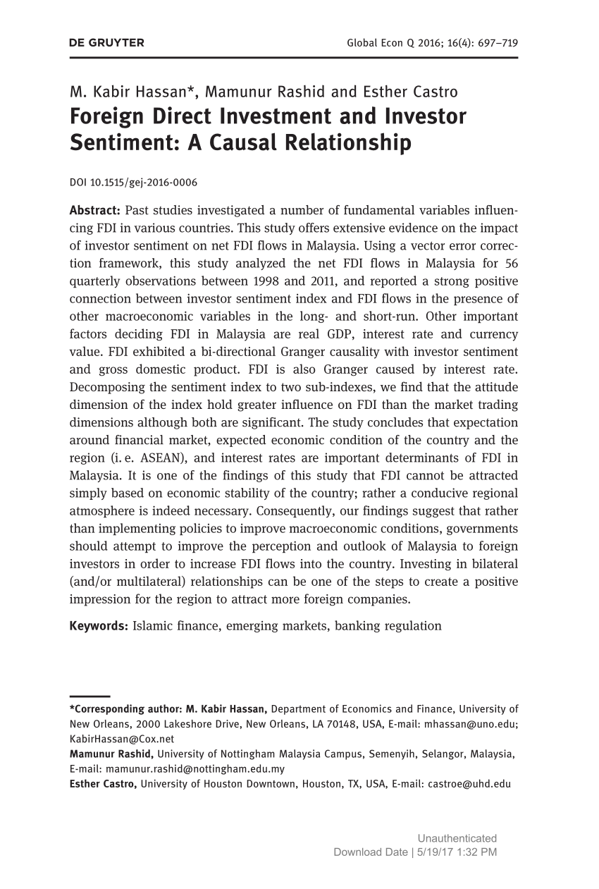 Pdf Foreign Direct Investment And Investor Sentiment A Causal Relationship