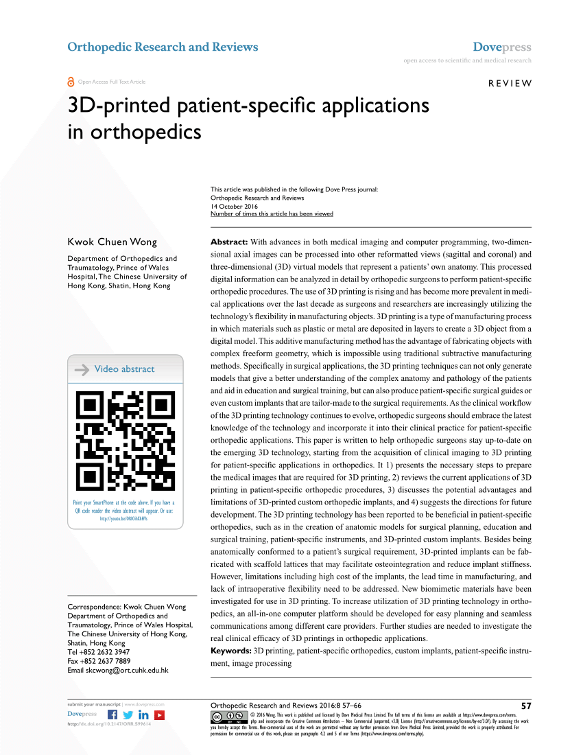 Pdf 3d Printed Patient Specific Applications In Orthopedics