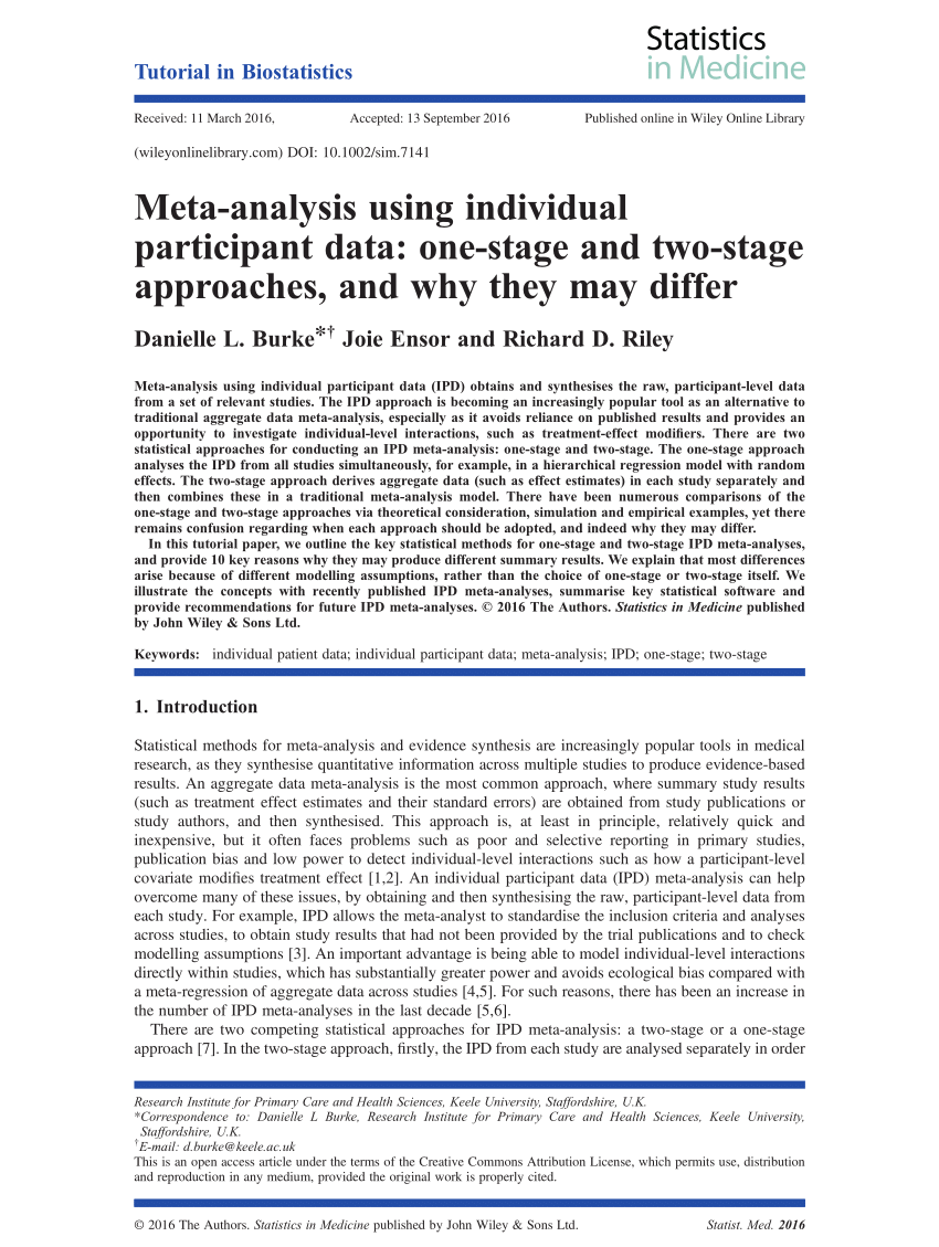 Pdf Meta Analysis Using Individual Participant Data One Stage And Two Stage Approaches And 6686