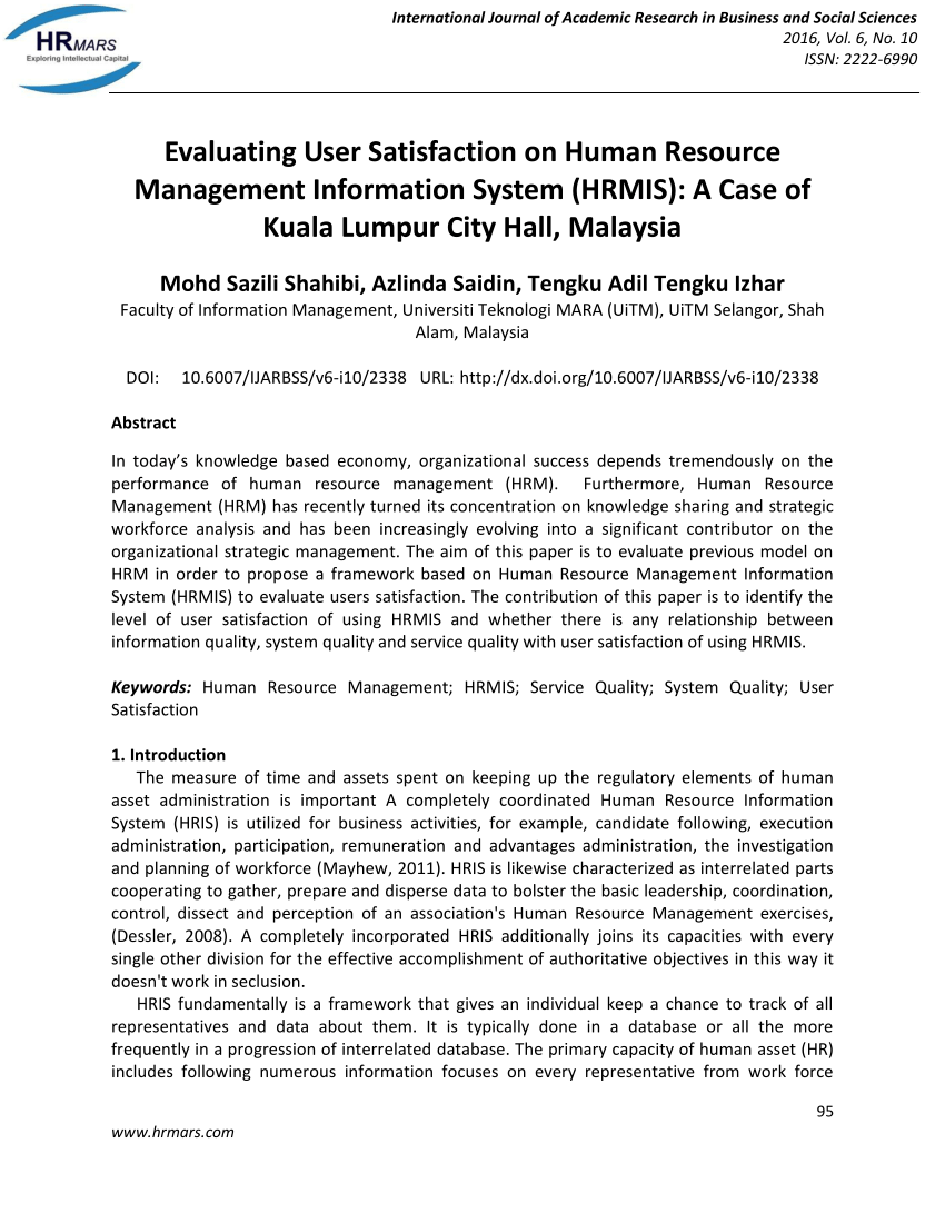 Pdf Evaluating User Satisfaction On Human Resource Management Information System Hrmis A Case Of Kuala Lumpur City Hall Malaysia