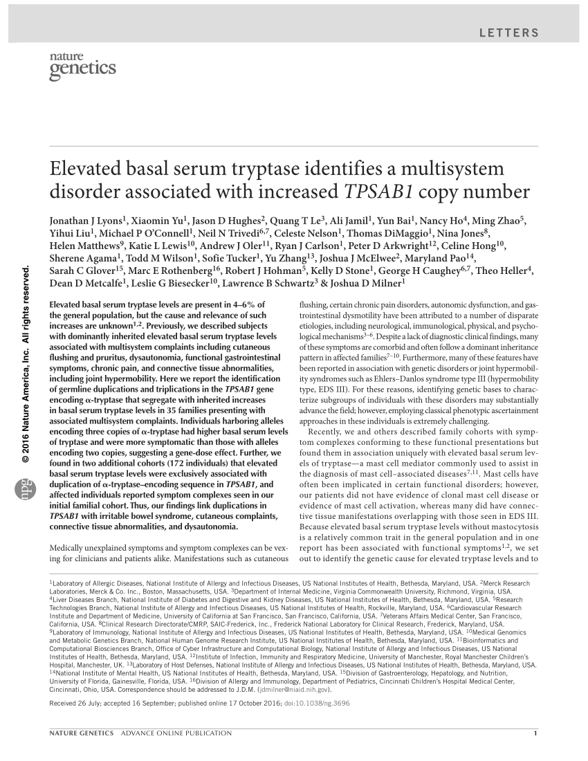 (PDF) Elevated basal serum tryptase identifies a multisystem disorder