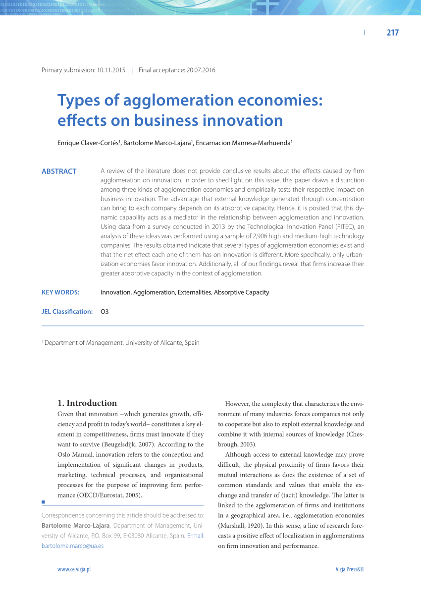 PDF) Types of agglomeration economies: on business innovation