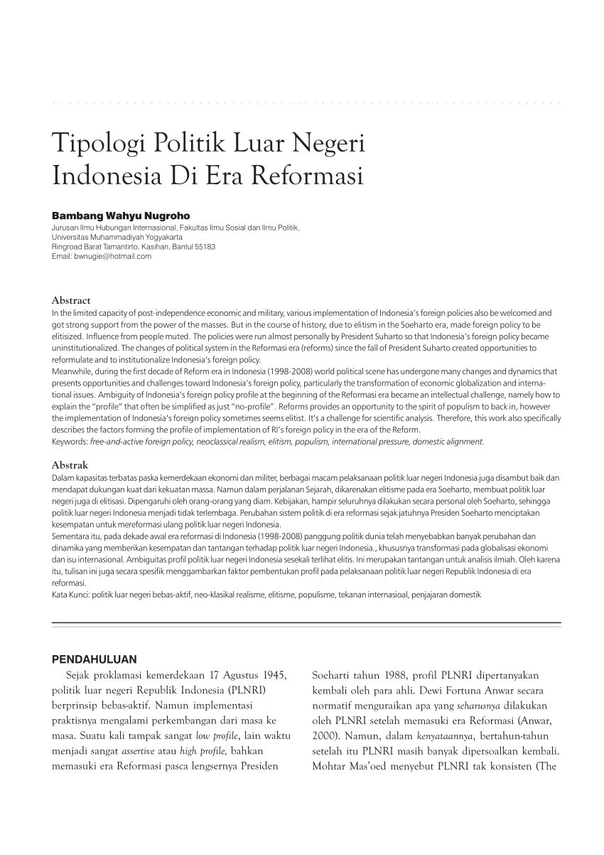 (PDF) Tipologi Politik Luar Negeri Indonesia Di Era Reformasi
