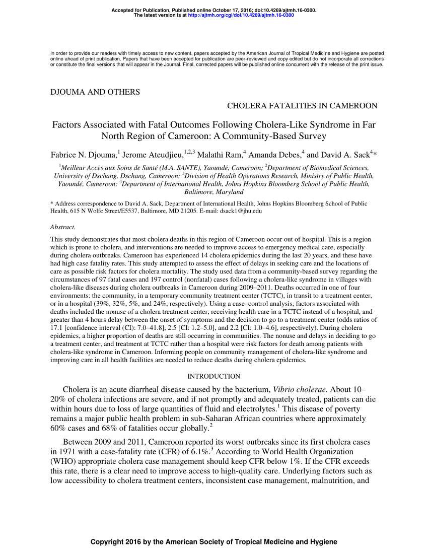 Pdf Factors Associated With Fatal Outcomes Following Cholera Like Syndrome In Far North Region Of Cameroon A Community Based Survey