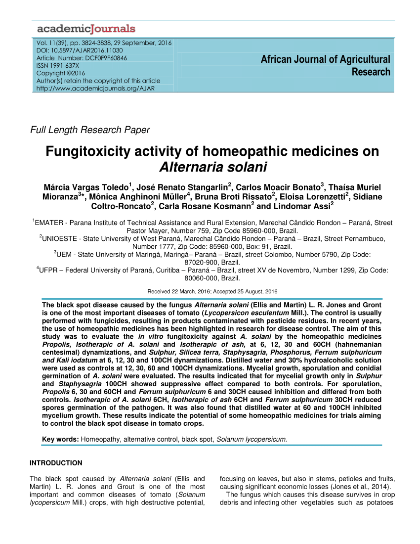 Pdf Fungitoxicity Activity Of Homeopathic Medicines On Alternaria Solani