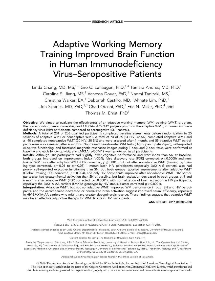 PDF Adaptive Working Memory Training Improved Brain Function in  