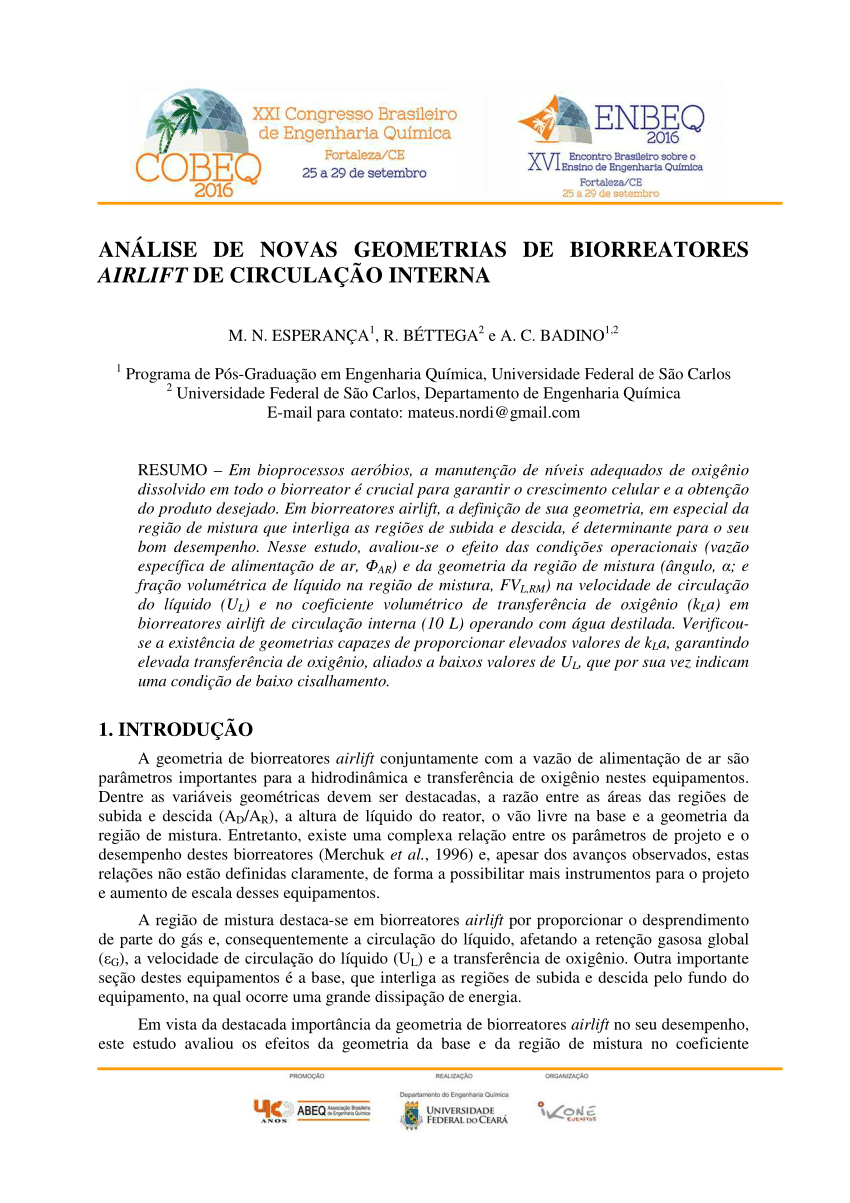 PDF) ANÁLISE DE NOVAS GEOMETRIAS DE BIORREATORES AIRLIFT DE CIRCULAÇÃO  INTERNA