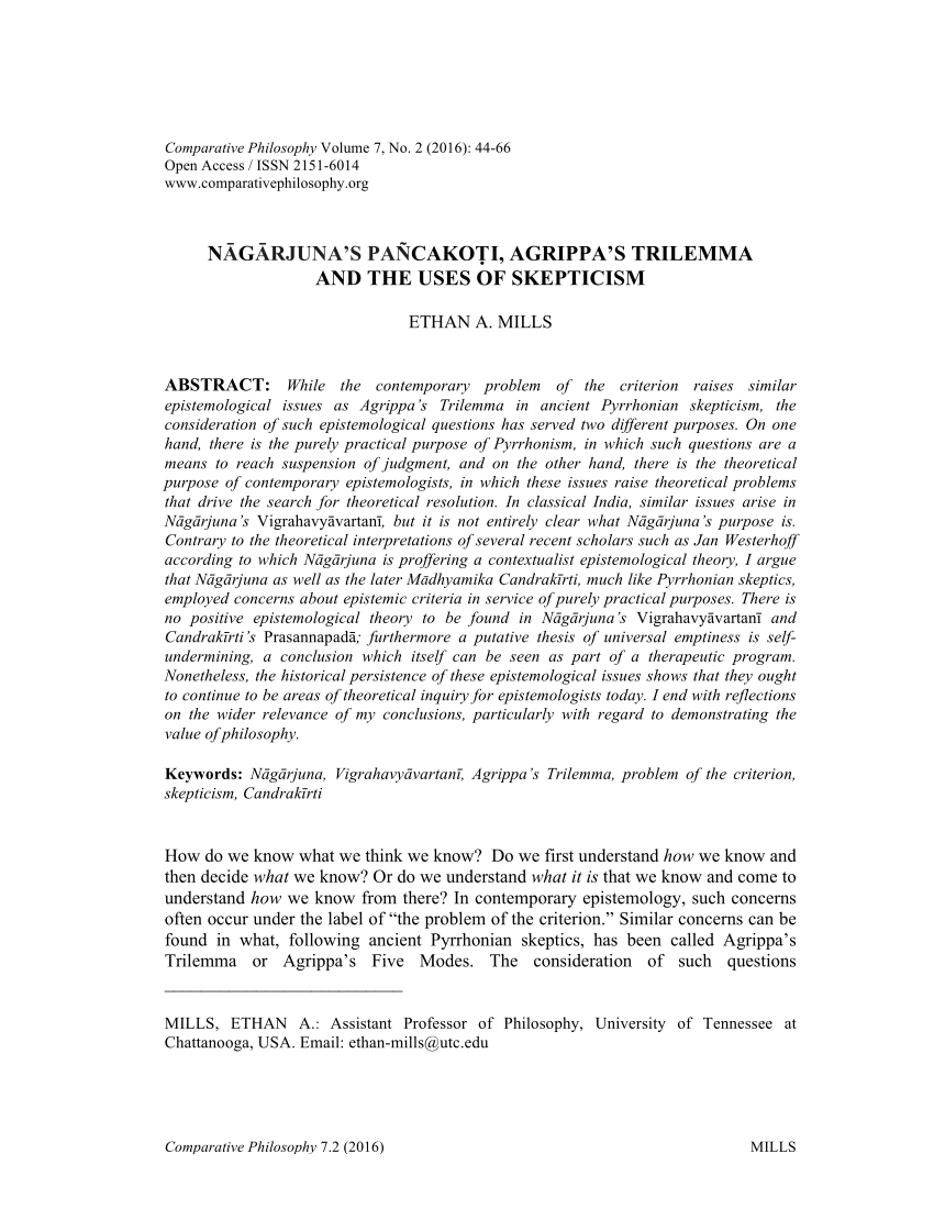 (PDF) Nāgārjuna’s Pañcakoṭi, Agrippa’s Trilemma, and the Uses of Skepticism