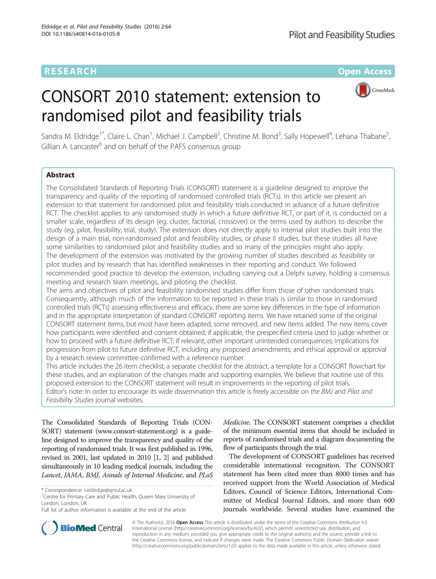 PDF) CONSORT 2010 statement: Extension to randomised pilot and ...