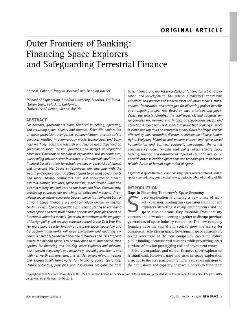 Pdf Outer Frontiers Of Banking Financing Space Explorers And Safeguarding Terrestrial Finance