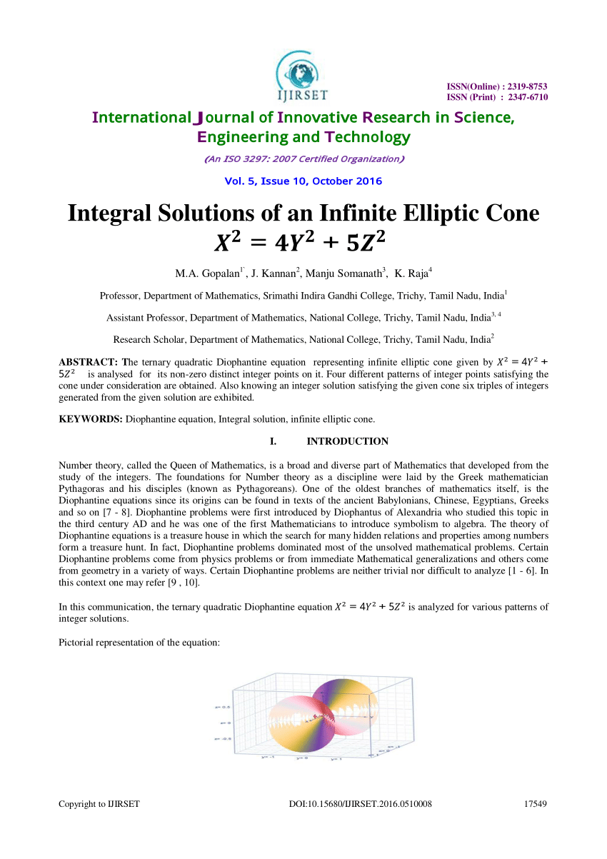 PDF) Integral Solutions of an Infinite Elliptic Cone X^2 = 4Y^2 + 5Z^2