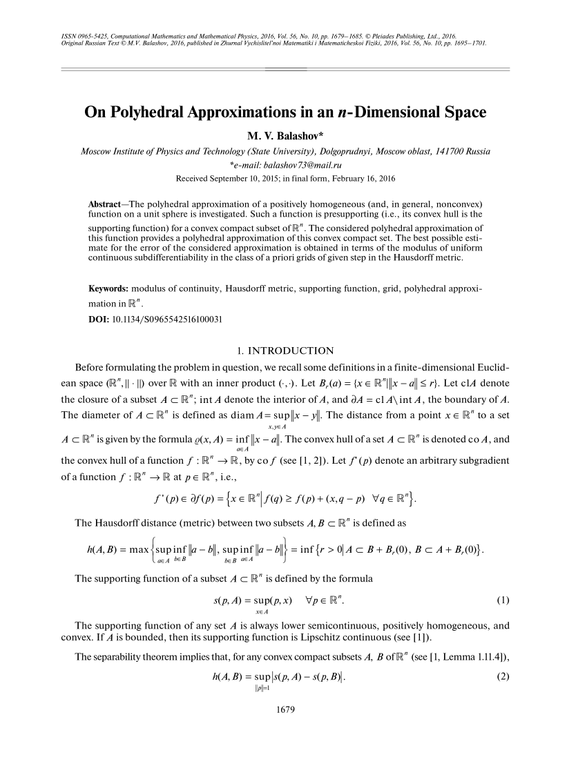 Pdf On Polyhedral Approximations In An N Dimensional Space