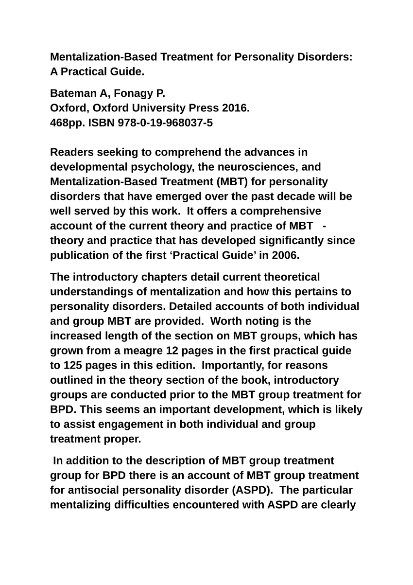 PDF) review: Mentalization-based treatment for personality disorders: A practical guide