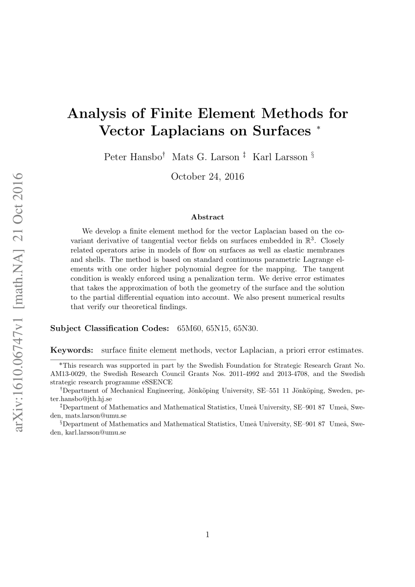 Pdf Analysis Of Finite Element Methods For Vector Laplacians On Surfaces