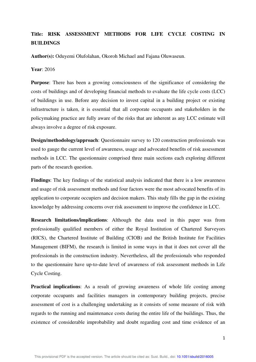 Pdf Risk Assessment Methods For Life Cycle Costing In Buildings