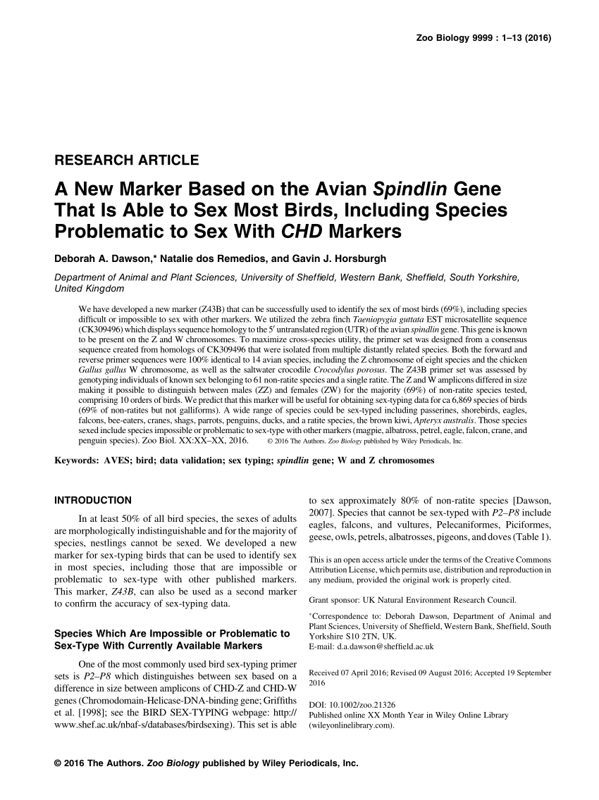 Pdf A New Marker Based On The Avian Spindlin Gene That Is Able To Sex