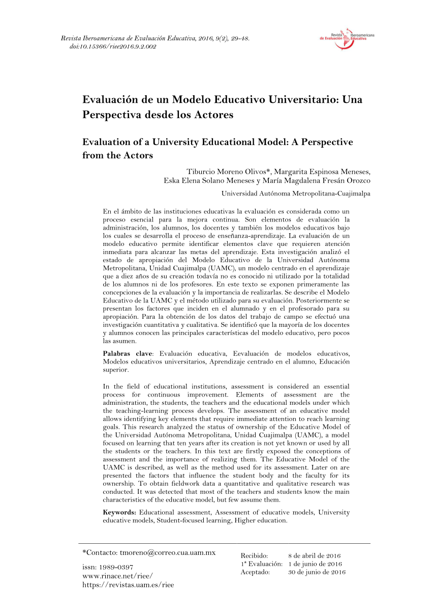 PDF) Evaluación de un Modelo Educativo Universitario: Una Perspectiva desde  los Actores. Revista Iberoamericana de Evaluación Educativa Vol. 9 No 2  ISSN: 1989-0397 Arbitrada por RINACE