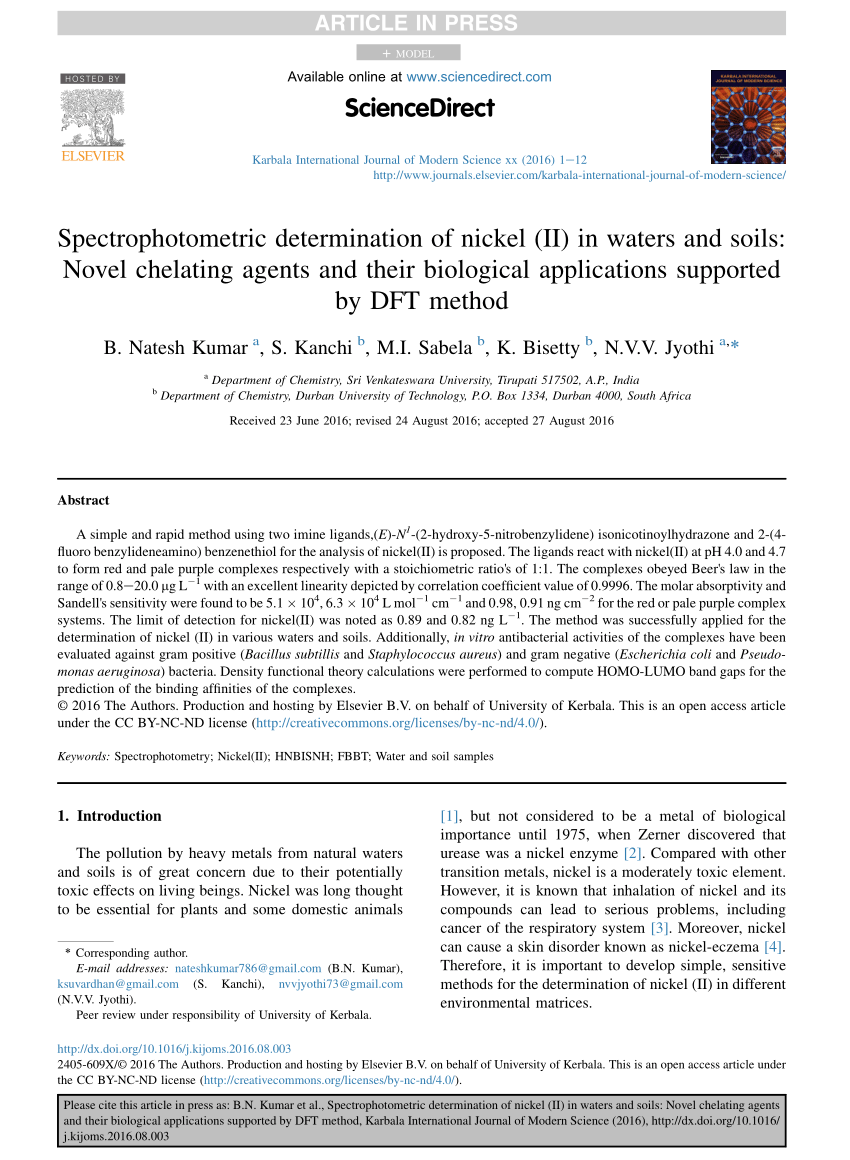 Pdf Spectrophotometric Determination Of Nickel Ii In Waters And Soils Novel Chelating Agents And Their Biological Applications Supported By Dft Method