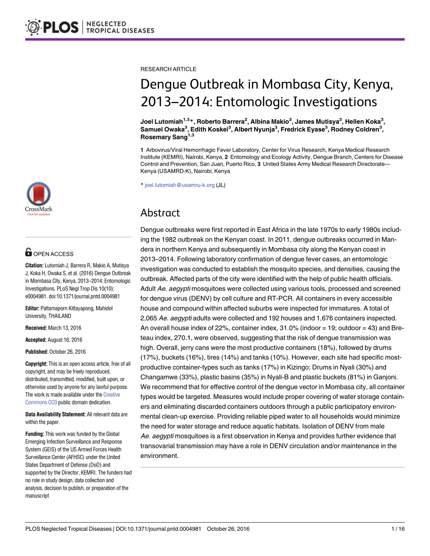 Pdf Dengue Outbreak In Mombasa City Kenya 2013 2014 Entomologic Investigations