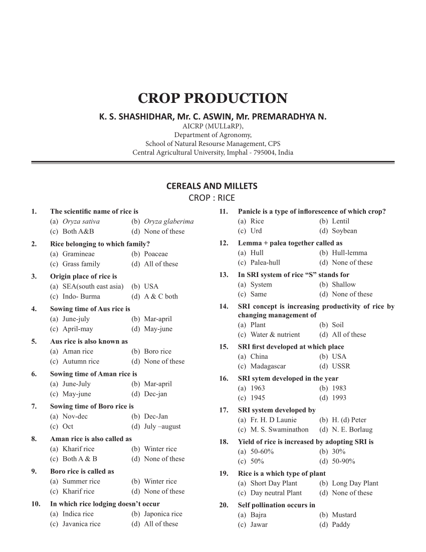 Pdf Crop Production A Question Bank