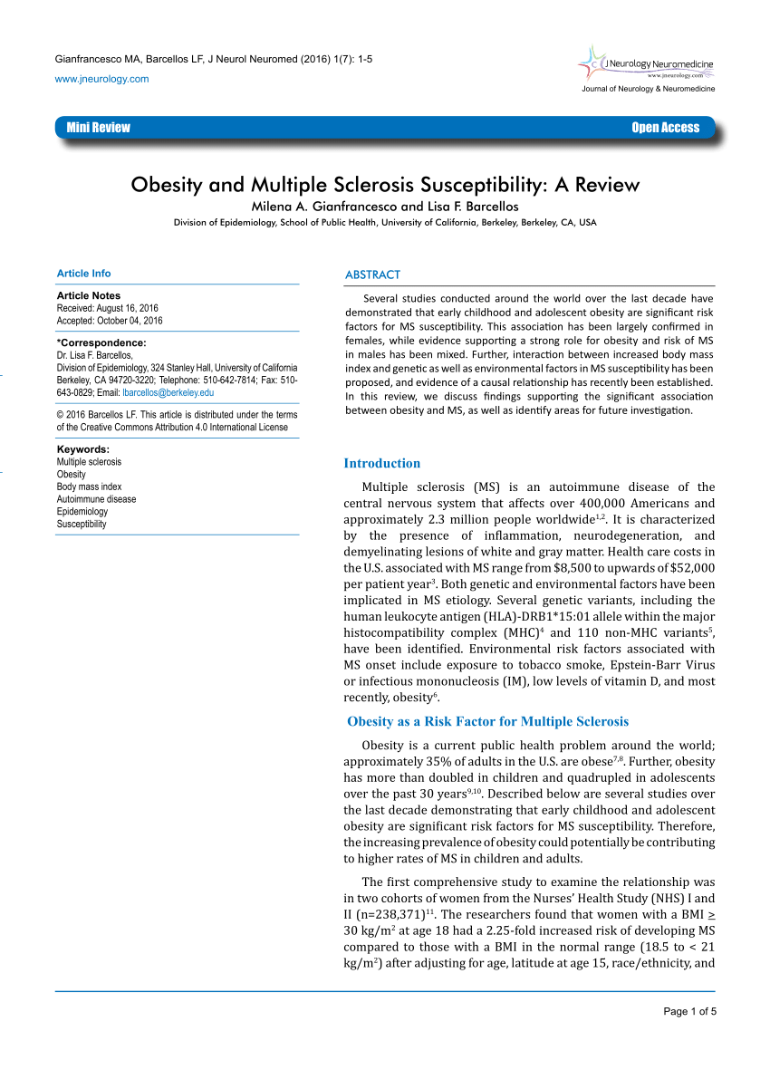 Pdf Obesity And Multiple Sclerosis Susceptibility A Review