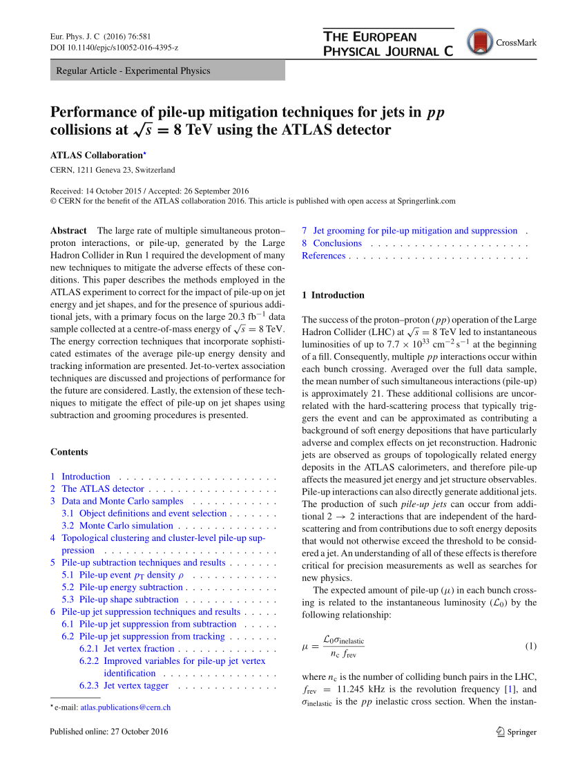 PDF) Performance of pile-up mitigation techniques for jets in $$pp ...